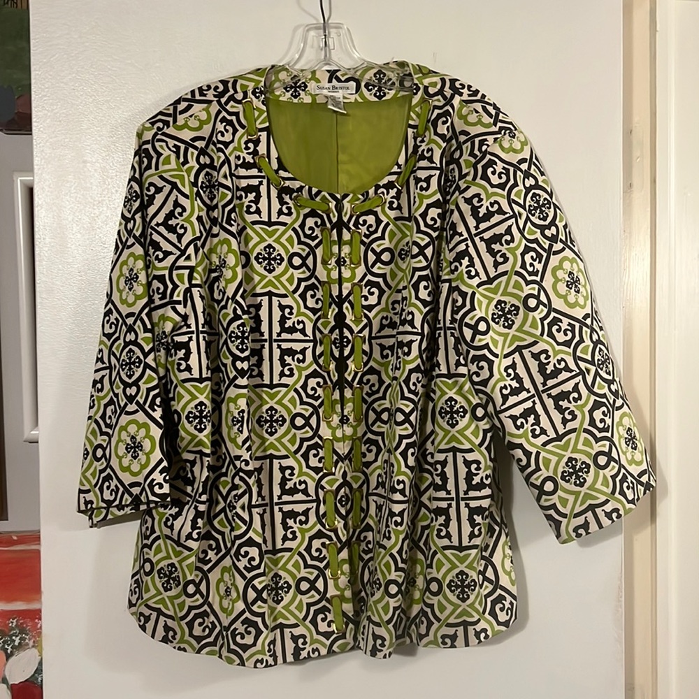 Susan Bristol cream/black/green collarless cotton jacket with ribbon detail